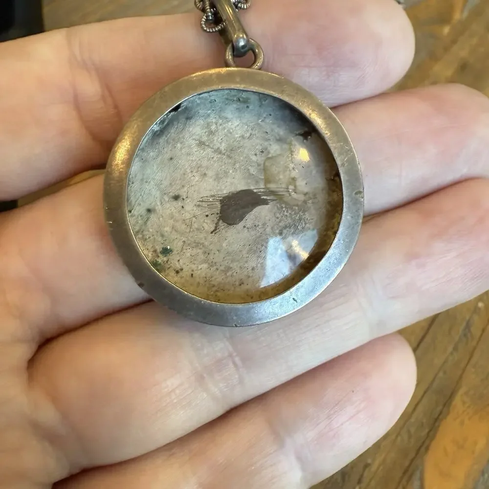 Antique Vintage Sterling Silver Round Glass Photo Locket With Chain READ